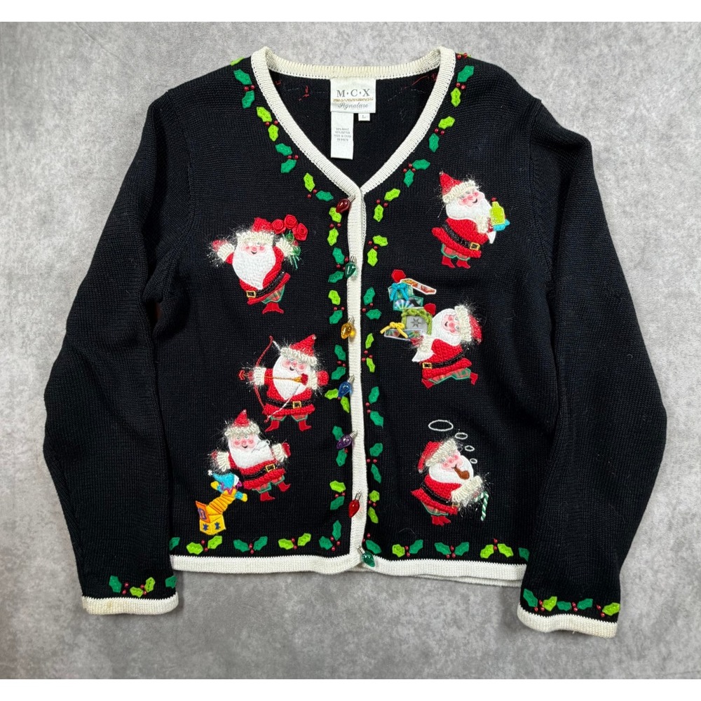 MCX Signature Vintage Womens Large Ugly Christmas Cardigan Sweater Santa Black